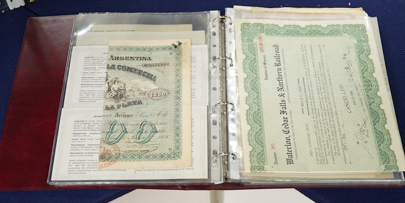 An album of mainly early to mid 20th century railway, bank and engineering share certificates, companies including; Norfolk Estuary Company, Martin’s bank Limited, the Waterloo, Cedar Falls & Northern Railroad, the St. L